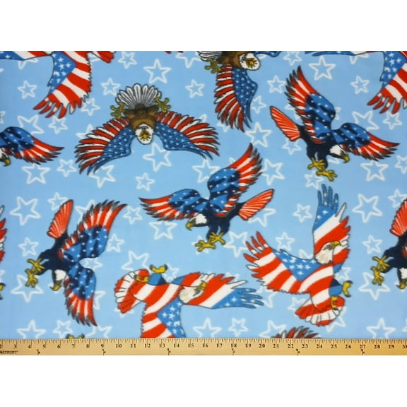 Fleece Stars and Stripes Blue Bald Eagles Patriotic USA United States of America Independence Day Fourth of July Fleece Fabric Print by the Yard (6121M-10H)