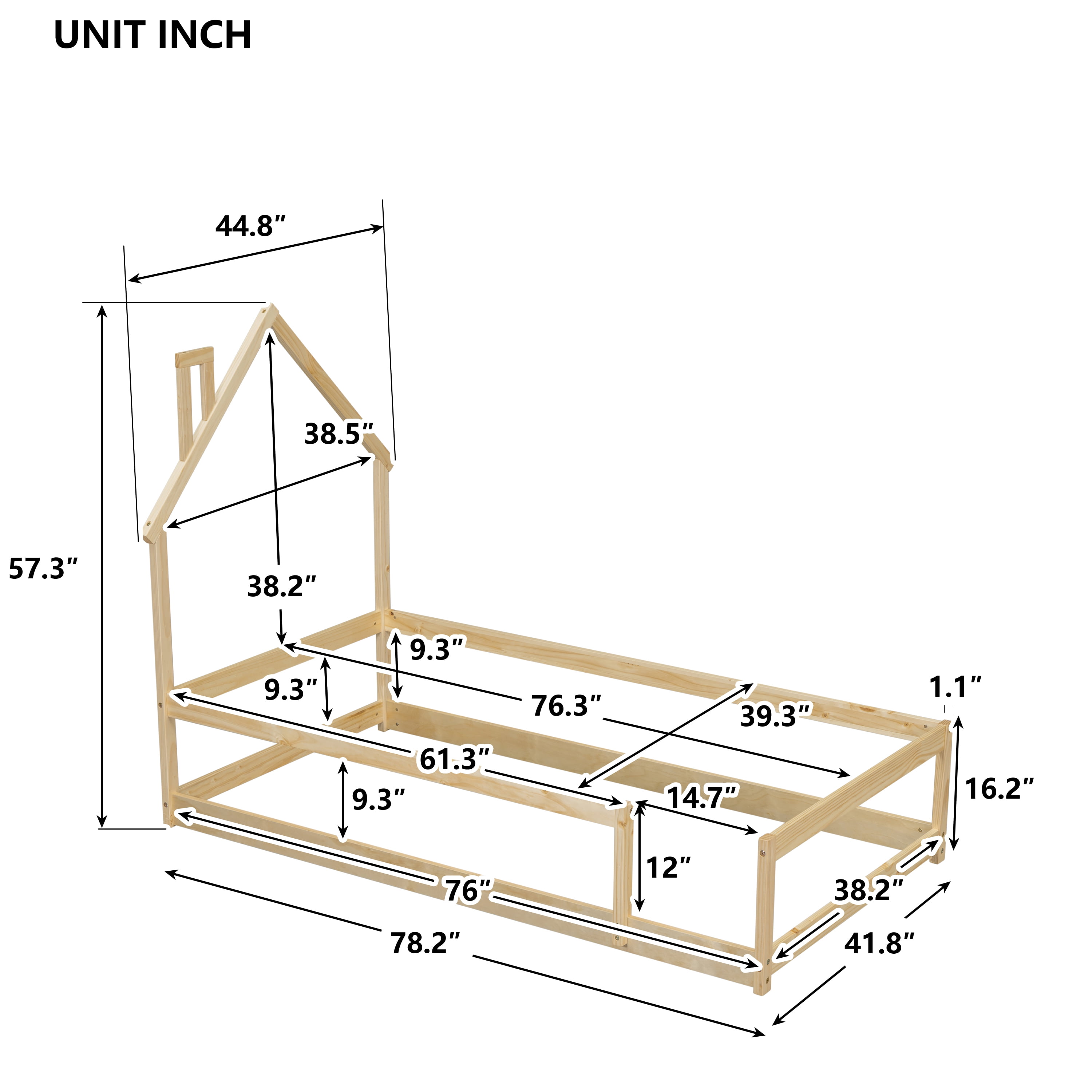 Euroco Wood Twin Size Daybed, House Floor Bed with Fence for Kids Bedroom, Natural