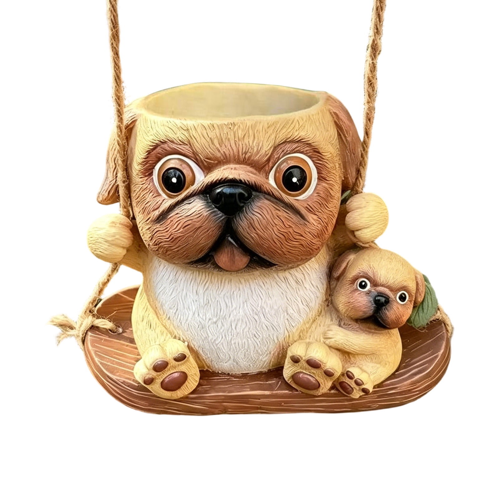 Cute Resin Pug & Baby Dog Hanging Planter – Succulent Pot for Indoor/Outdoor, Balcony Garden Decor, Jute Rope Included, Gift for Dog Lovers