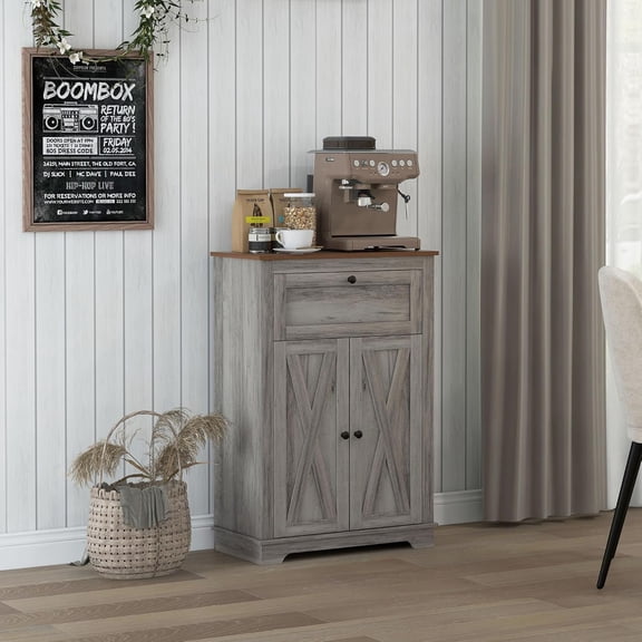 LQLI Farmhouse Barn Door Accent Cabinet with Double Doors,Kitchen Sideboard Storage Cabinet, Drawer, Adjustable Shelf, for Living Room