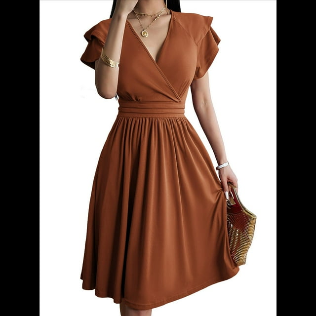 Summer Midi Dress 2025 Spring V Neck Cocktail Wedding Guest A Line Fit and Flared Dresses Light Brown L