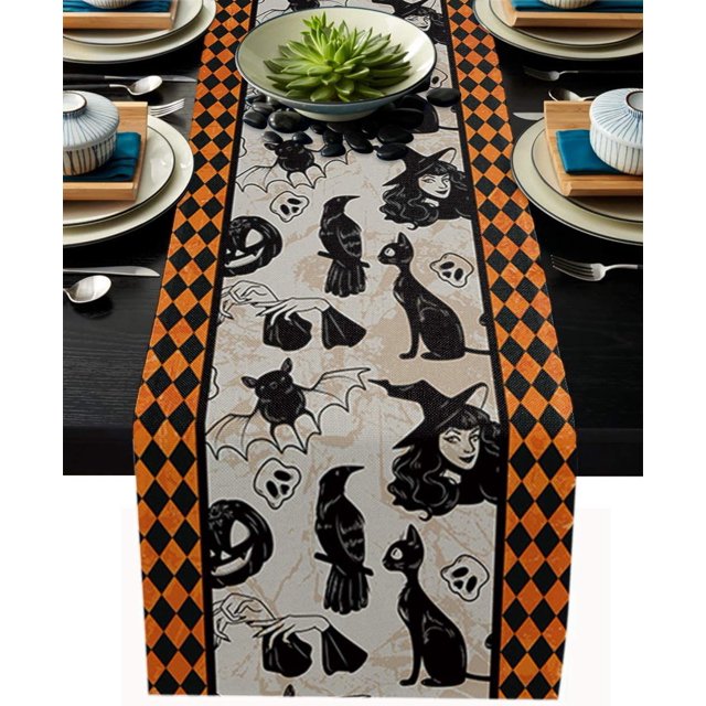 Camino de mesa de Halloween, estampado de castillo de calabaza, decoración de mesa de comedor para el hogar, mantel