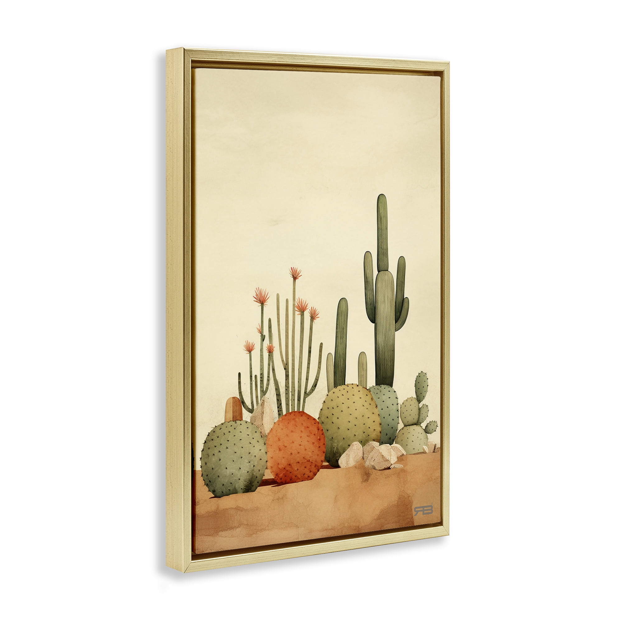 Stupell Industries Desert Cactus Scenery Landscape Painting Gold Floater Framed Art Print Wall Art, 17 x 25