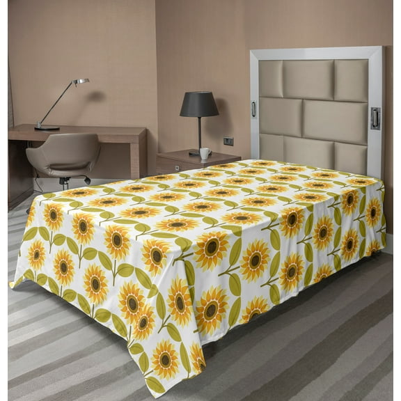 Ambesonne Autumn Flat Sheet, Sunflowers Retro Country, Twin Size, Yellow White Green