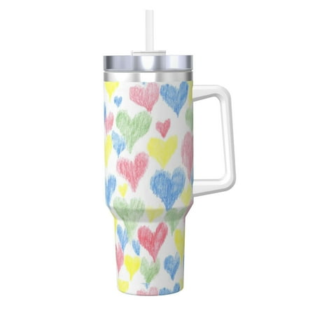 

Goofa Hand Drawn Colored Hearts Print 40oz Ice Bully With Handle And Straw Stainless Steel Vacuum Insulated Cup And 2 In 1 Straw Lid