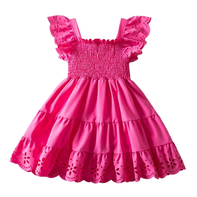 MEZZALL Robe de Danse à Manches Volantes pour Filles, Robe de Fête Décontractée, Rose Vif, 4-5 Ans