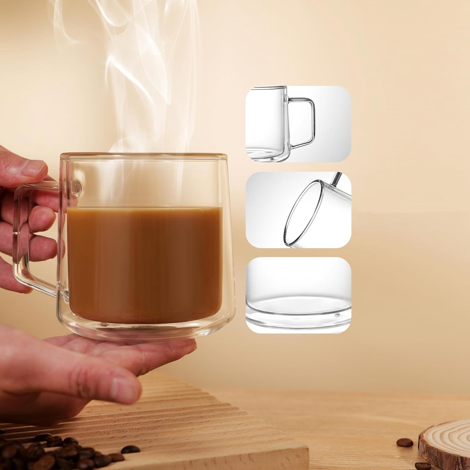 15oz(4-pack) Double Walled Glass Coffee Mugs,Large Insulated Glass Mugs with Handle,Clear Coffee Cups for Espresso,Latte,Cappuccino,Tea