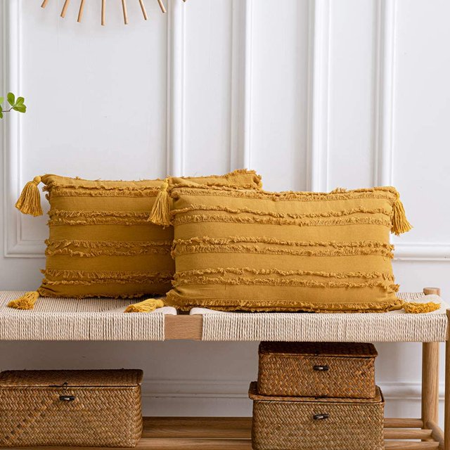 ZECATL Yellow Throw Pillow Covers: 2 Pack 12x20 Inch Boho Striped Cotton Linen Rectangular Decorative Pillow Cases with Tassels for Farmhouse Couch Sofa Chair