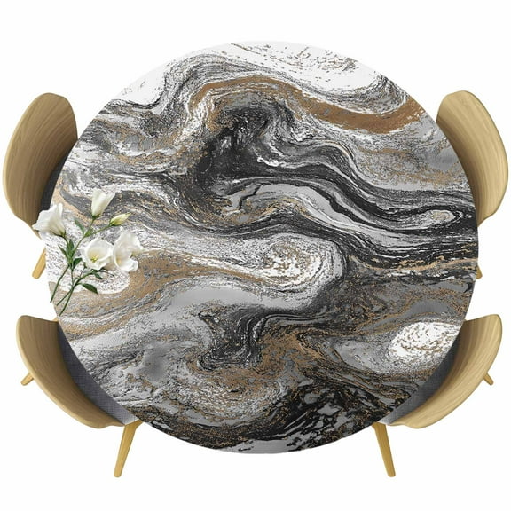 Black Marble Round Tablecloth 55-60 Inch Round Fitted Table Cloth with Elastic Edge, Retro Chic Abstract Mottled Texture Art Waterproof Table Cover Protector for Outdoor Picnic Party Dining