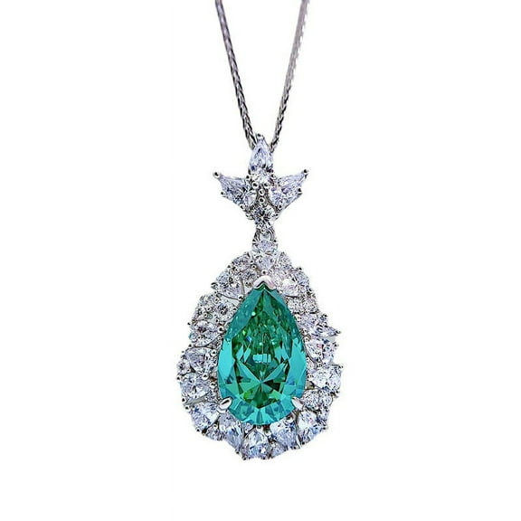 925 Sterling Silver Pear Paraiba Tourmaline High Carbon Diamonds Gemstone Anniversary Pendant Necklace Fine Jewelry