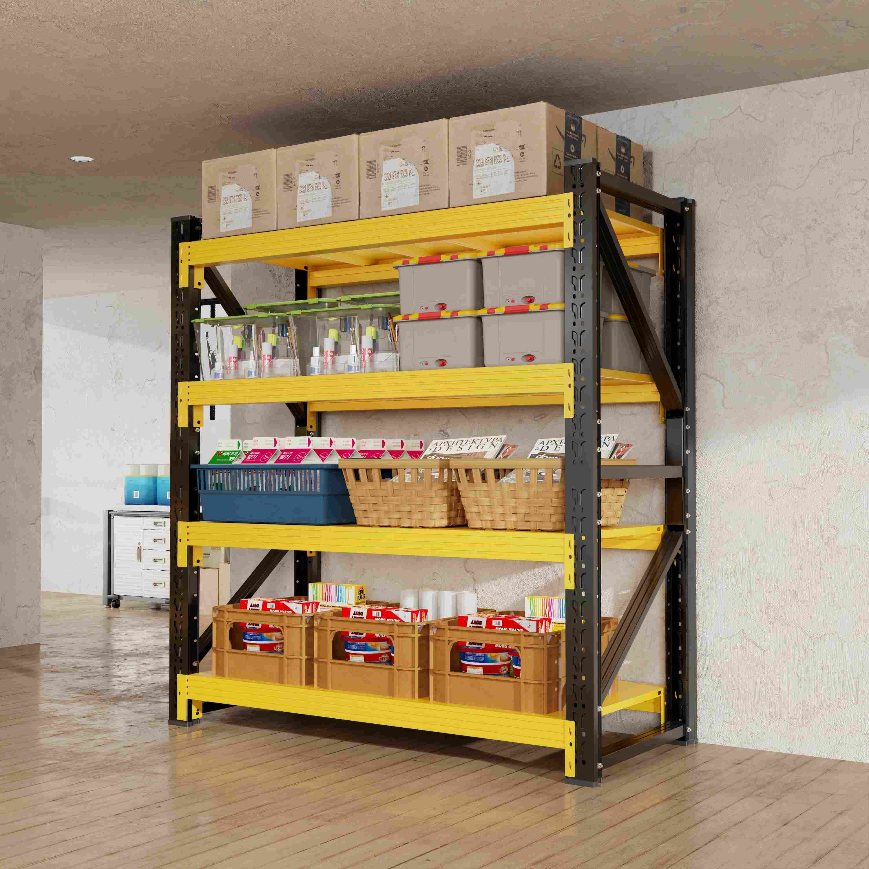 Welfiya 59"Wide Garage Shelving Unit,3500LBS Heavy Duty Storage Shelves,4-Tier Metal Industrial Shelving,Adjustable Standing Shelf for Warehouse,Basement,Workshop,59.1"W x 23.6"D x 78.7"H,Black&Yello