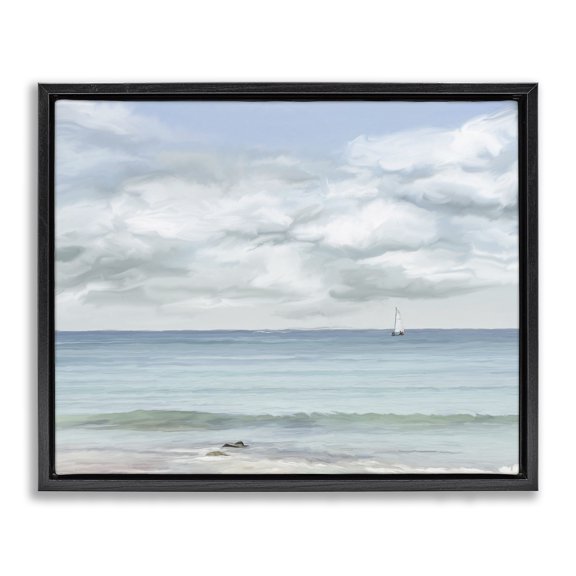 Stupell Industries Contemporary Distant Sailboat Cloudy Shore Black Floating Frame Canvas Art, 21 x 17, by Ramona Murdock