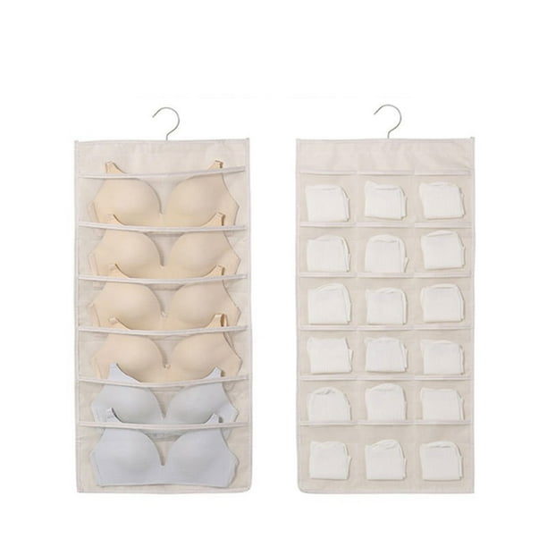 Bolsa organizadora colgante de doble cara para ropa interior y sujetadores | Almacenamiento de ropa de tela no tejida con diseño de múltiples bolsillos | Gancho giratorio para armario o viaje