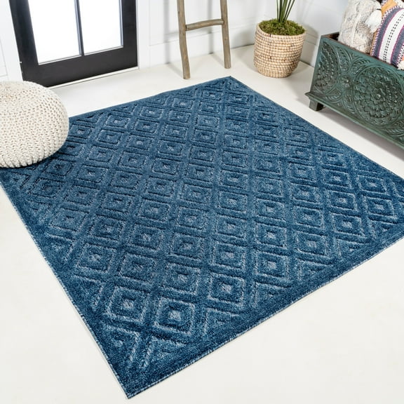 JONATHAN Y IBIZA 5' Square Area Rug, Portmany Neutral Diamond Trellis - Navy, IBZ104B-5SQ