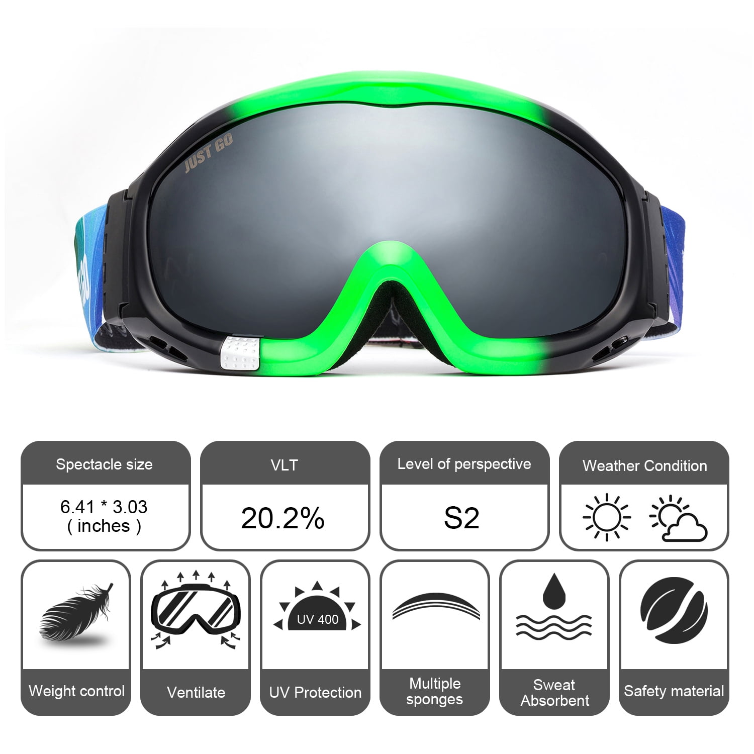 JUST GO Ski Goggles for Skiing Motorcycling and Winter Sports Dual-Layer Anti-Fog 100% UV Protection lens Snowboard Goggles fit Men, Women and Youth, Black and Green Frame/Gray Lens (VLT 20.2%)