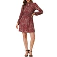 thumbnail image 2 of INSPIRE CHIC Robe Courte à Fleurs pour Femme, Taille Smockée, Manches Bouffantes, Encolure à Nouer, L Bourgogne, 2 of 7