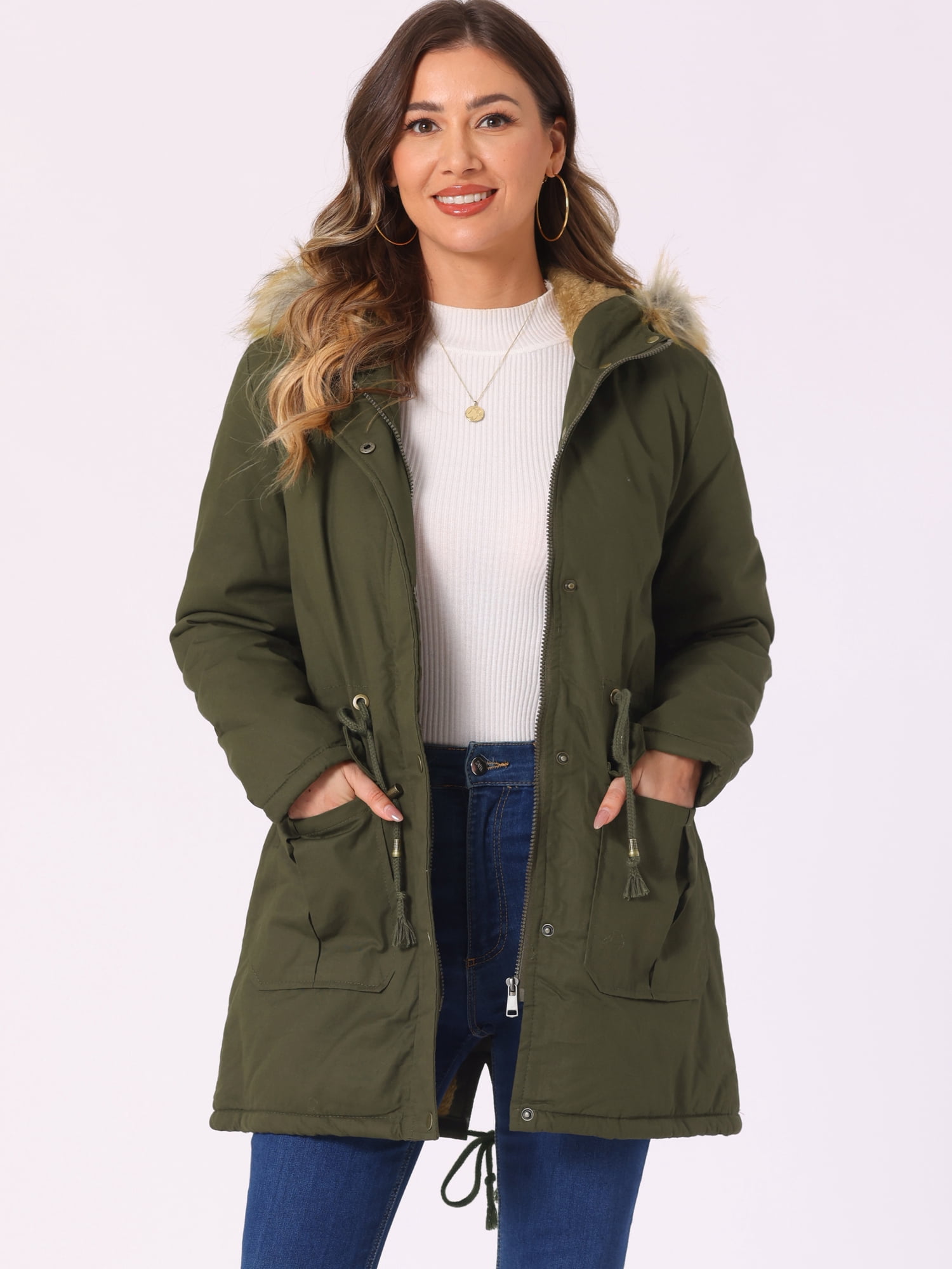 Unique Bargains Women Windproof Winter Parka Puffer Coat with Faux Fur Hood S Army Green