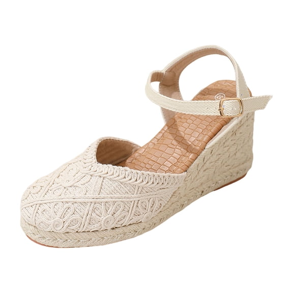 Rokment Handmade Rope Flower Espadrilles Platform Wedges Dress Sandals for Women Bride Wedding Vintage Boho Beach Crochet Closed Toe Chunky High Heels Dressy Summer Shoes Beige Size 6