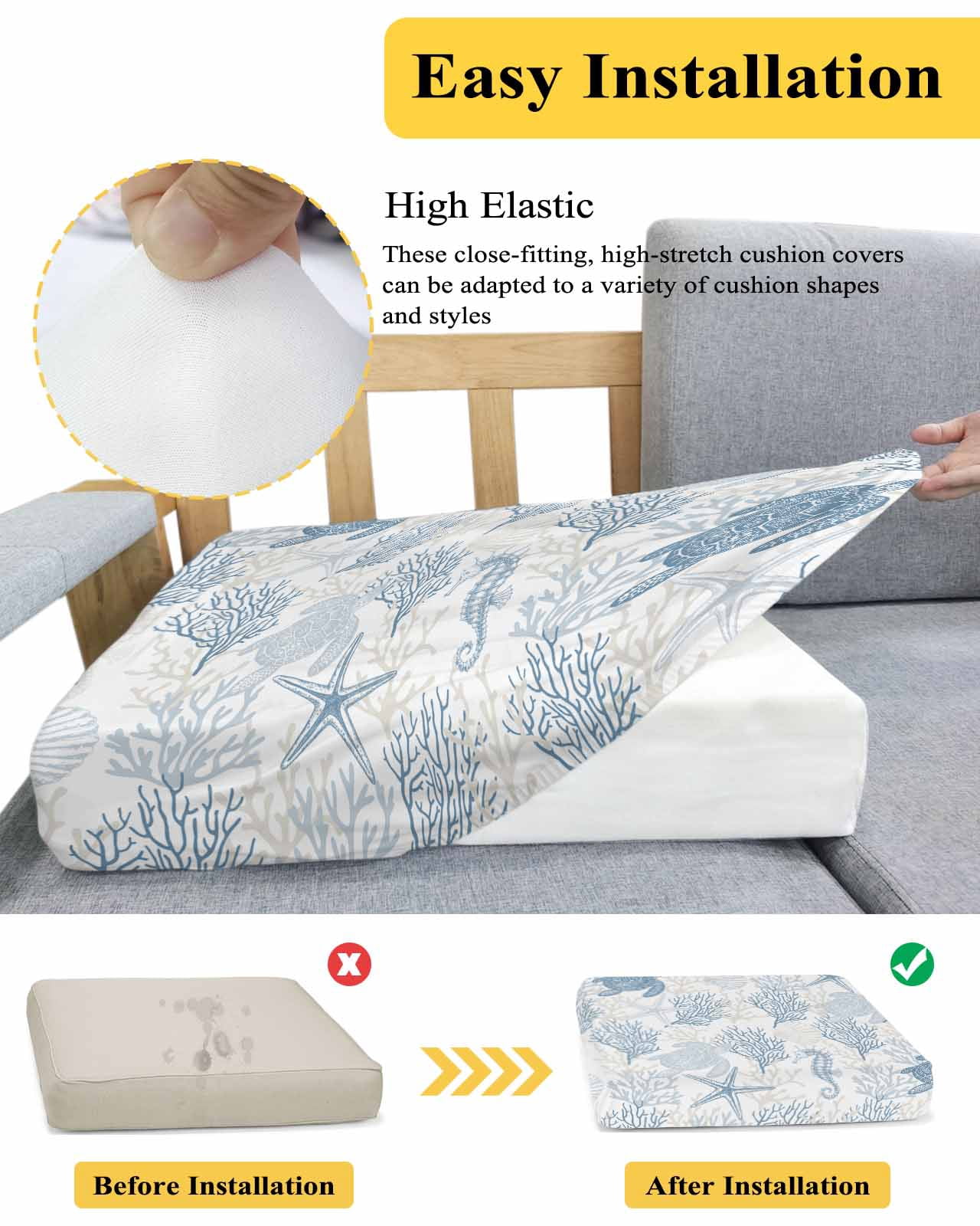 Blue Grey Coastal Couch Cushion Covers Stretch, Washable Sofa Seat Covers Individual Seat Cushion Sofa Slipcovers Sea Turtle Nautical Coral Summer Beach Couch Cover Furniture Protector S-1PCS