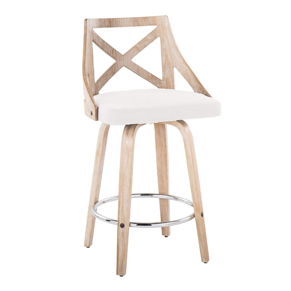 The Gray Barn Charlotte 26" Fixed-Height Counter Stool with Bent Wood Legs (Set of 2) Cream Fabric/White Washed Wood/Chrome Footrest Washed,Chrome