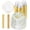 Clear, variant on 350-Piece Gold Plastic Dinnerware Set for 50 Guests, Includes Gold Rim Plates, Silverware, Pre-Rolled Napkins, and Cups for Party or Wedding