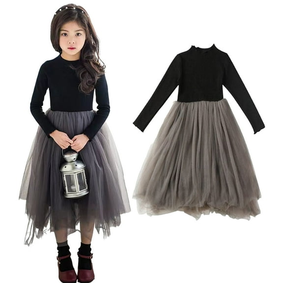 Esaierr Girls Spring Fall Dresses for Kids Toddler,Baby Long Sleeve Pullover Tutu Dress Little Big Girls Dress Fluffy Tulle A-line Princess Dress Tulle Skirt Black Party Dresses for 3-12Y