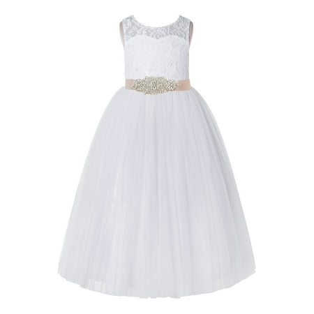 

White Floral Lace Neck A-Line Keyhole Back Flower Girl Dress Pretty Princess 178R3