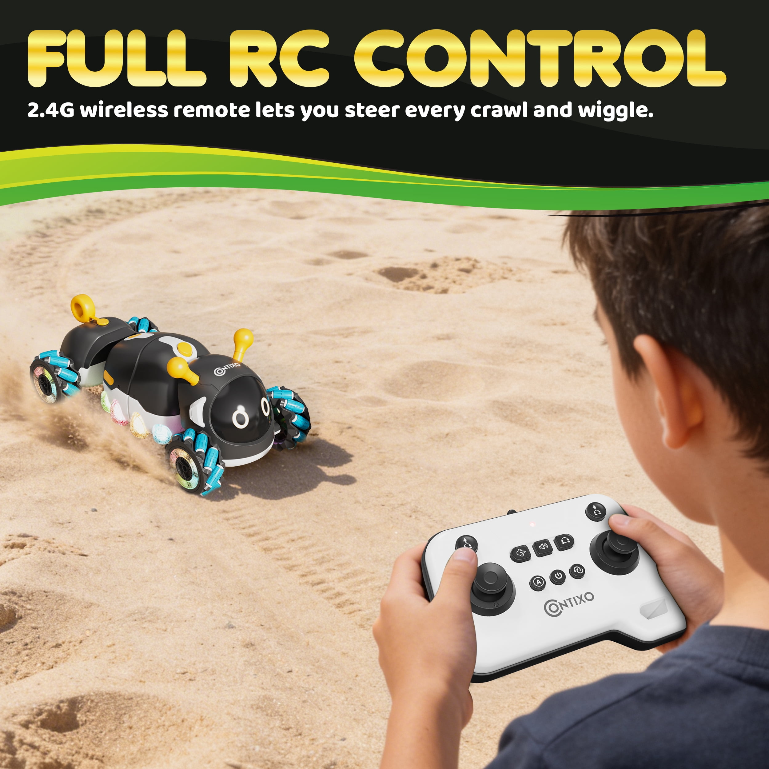 Contixo RC1 Mech Stunt RC Caterpillar Car – Kids Remote Control Car, Omni-Directional 360° Spins, Mist Spray, LED Lights, All-Terrain Stunt Vehicle, Torsion Body, 2.4GHz Remote – Black