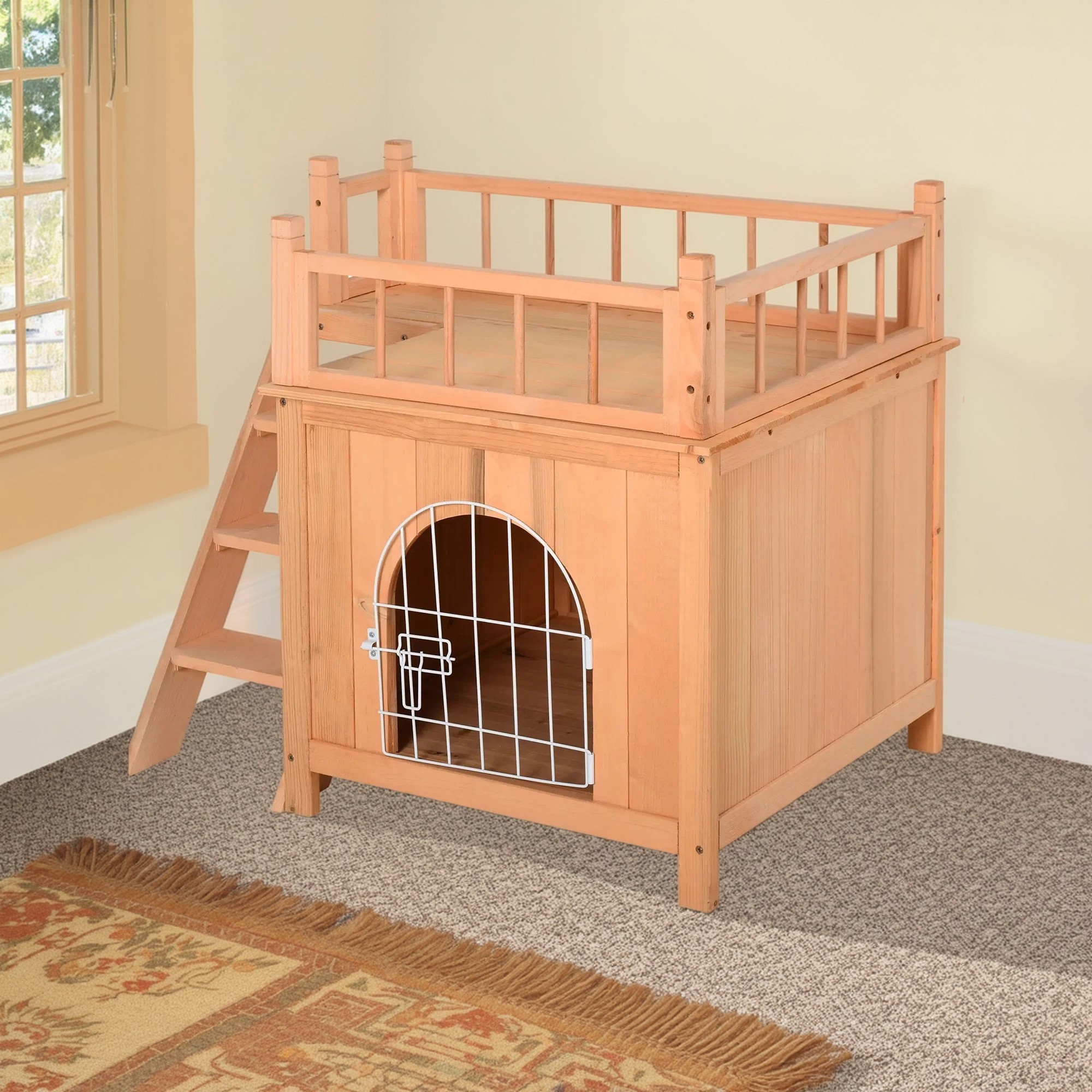 Pefilos 28" Outdoor Cat House with Lockable Wire Door, Stairs, Outside 2-Story Feral Cat Shelter, Indoor Kitty Condo, Orange