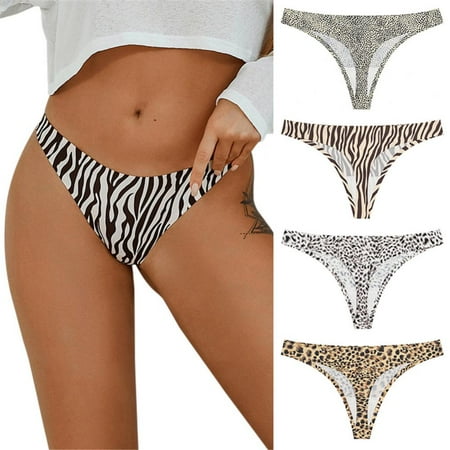 

4-Pack Women Leopard Thong Seamless T-back Thongs Low-Waist Print Bikini Soft Underpants Ladies Stretch Panties
