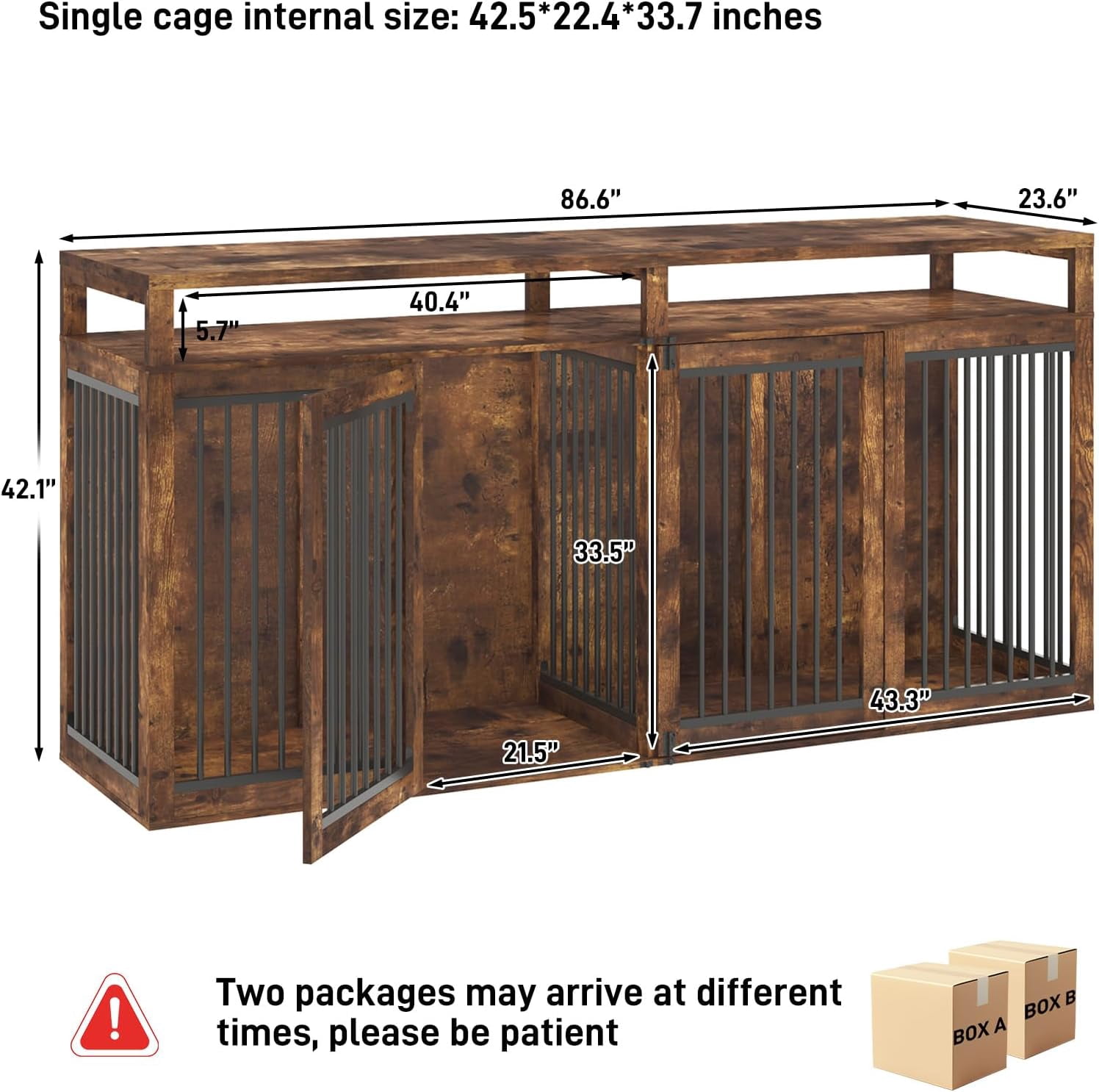 ChVans 87" Large Farmhouse Dog Crate TV Stand,Wooden Dog Crate Furniture with 4 Lockable Doors/Solid Metal Tube,XL-XXL Heavty Duty Dog Crates Furniture for 2 Medium or Large Dogs,Rustic Brown