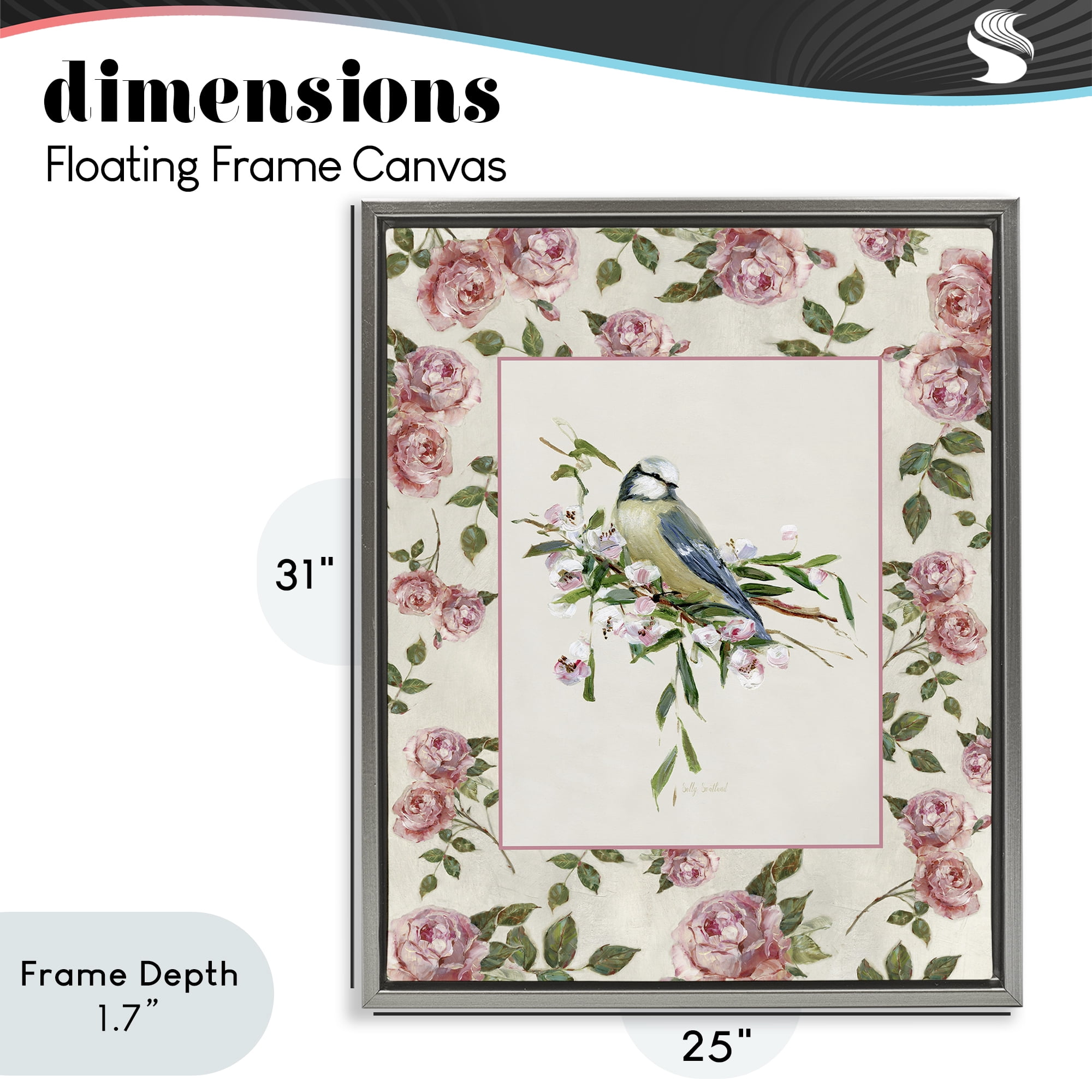 Stupell Industries Dainty Roses & Perched Bird Gray Framed Floater Canvas Wall Art, design by Sally Swatland