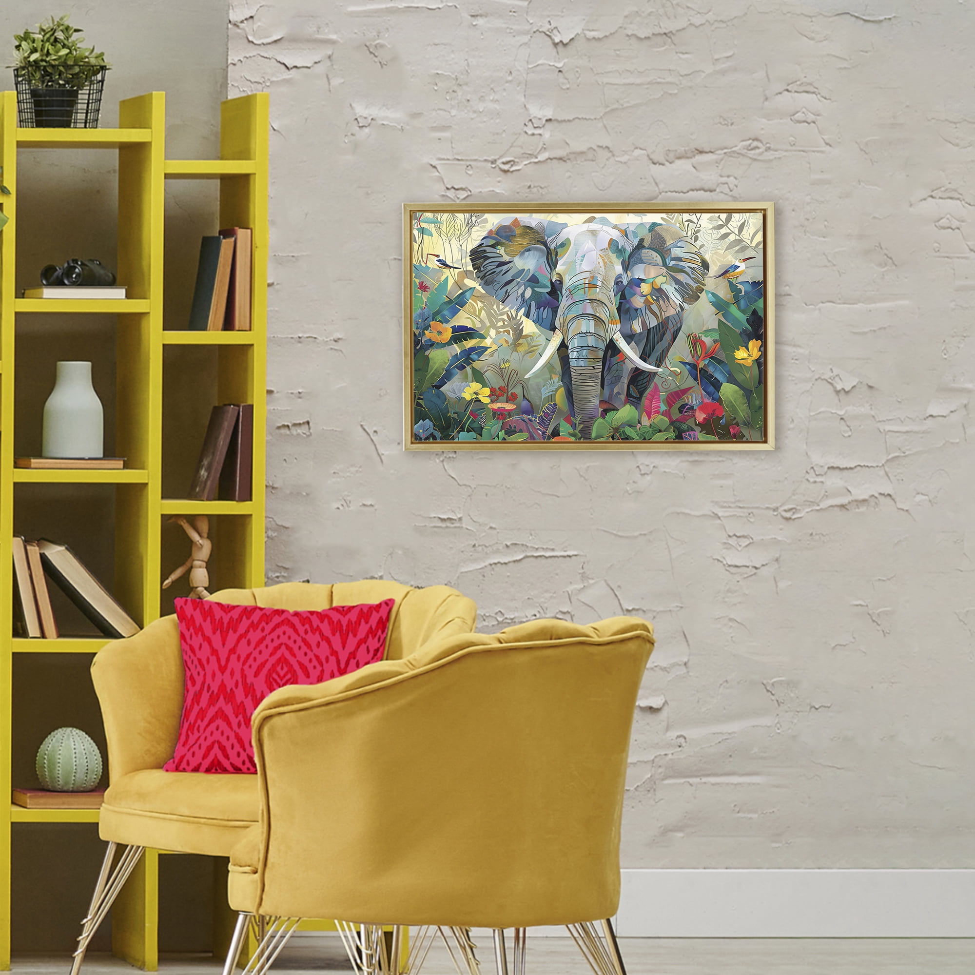 Stupell Industries Elephant's Realm in Tropical Bloom Gold Framed Floater Canvas Wall Art, design by Lazar Studio