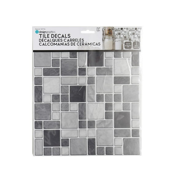 Tile Wall Decals Peel and Stick Self-Adhesive Multi Square, Grey, 10"x10" - iDesign