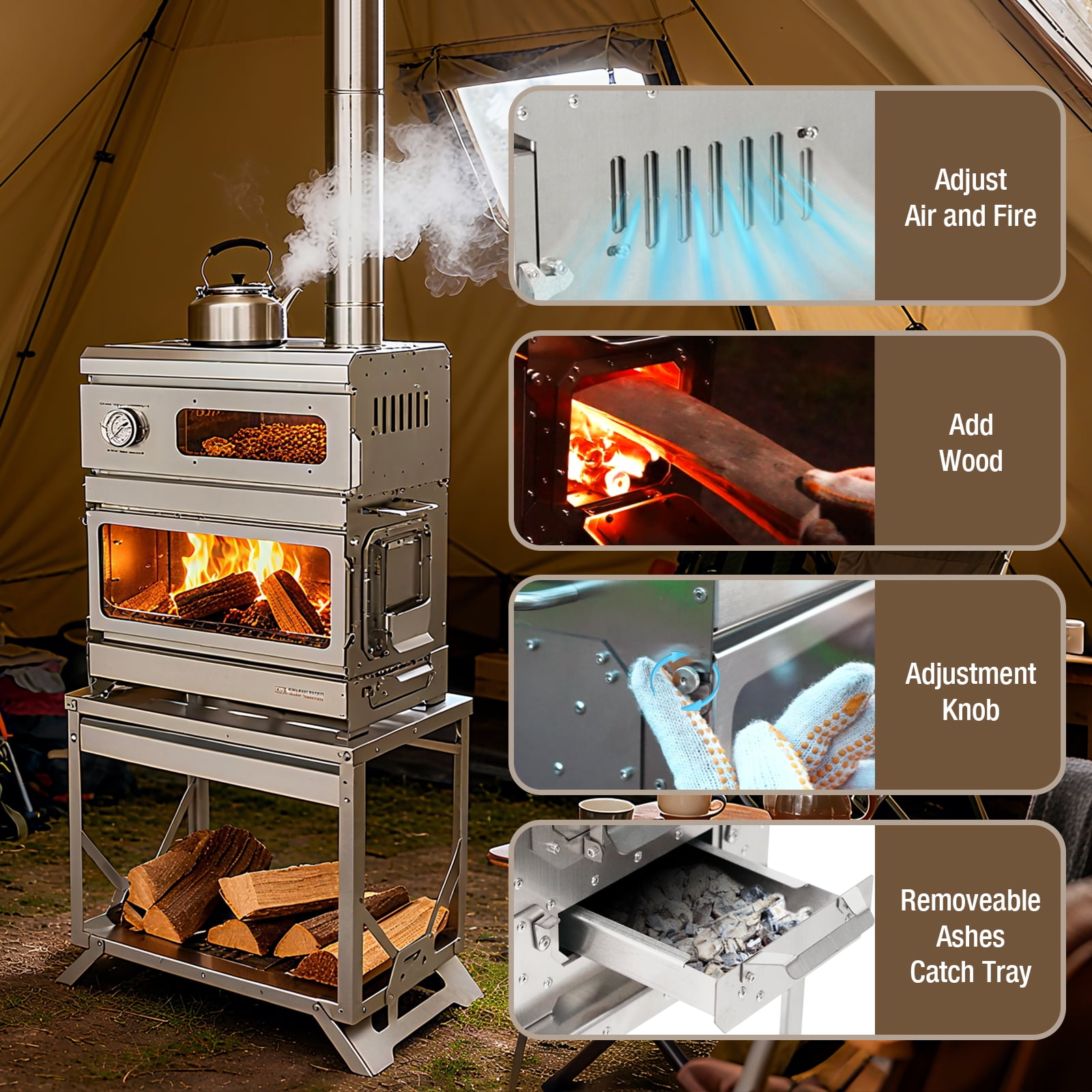 Wood Burning Stove with Oven and Rack - Camping Tent Stove with Chimney Pipe, Stainless Steel Hot Tent Stove for Outdoor, Cooking, Hiking