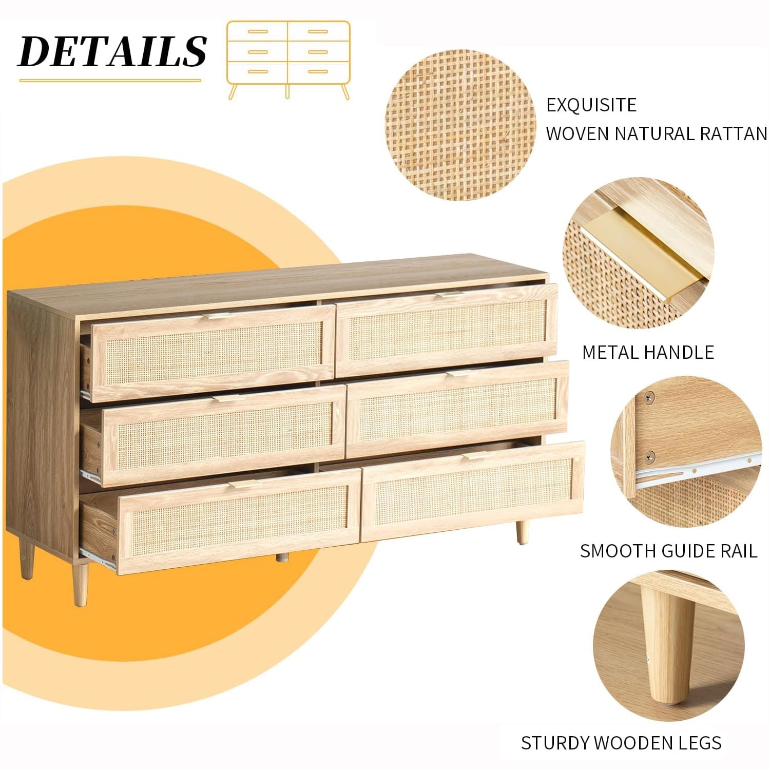 Rattan Dresser for Bedroom, Modern 6 Drawer Dresser, Wooden Storage Chest of Drawers for Living Room, Hallway (Natural)