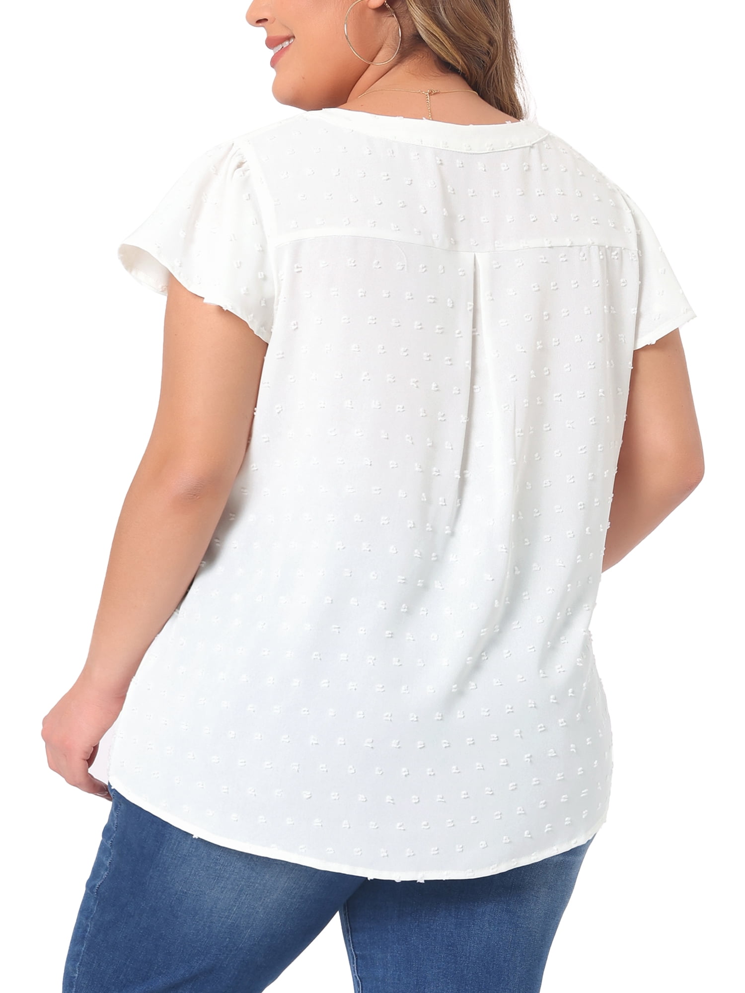 DARING DIVA Women's Plus Swiss Dots Notched Neck Ruffle Sleeve Top 4X White