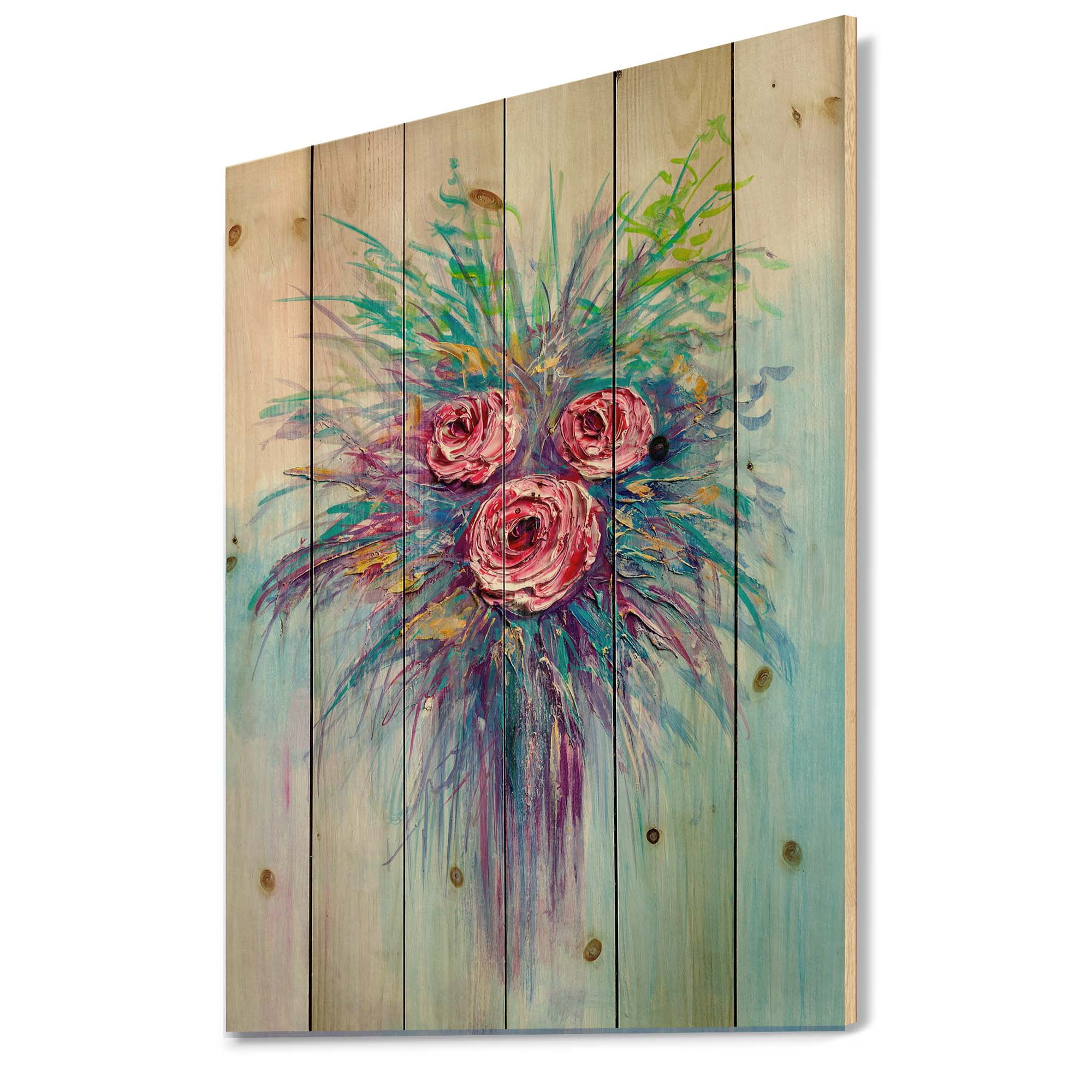 Designart 'Bouquet Of Red Roses In A Vase On Blue' Traditional Print on Natural Pine Wood