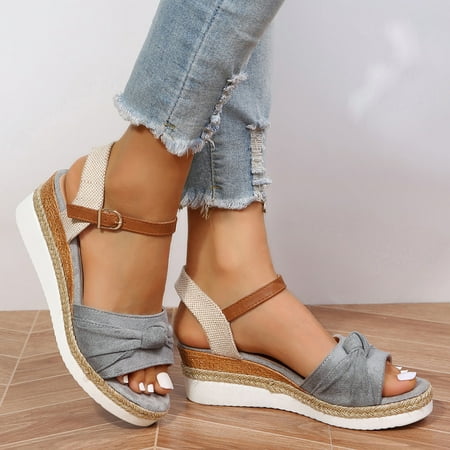 

uikmnh Women Shoes Color Block Knot Detail Espadrille Ankle Strap Wedge Sandals For Women Casual Open Toe Sandals Roman Platform Sandals Grey 8.5