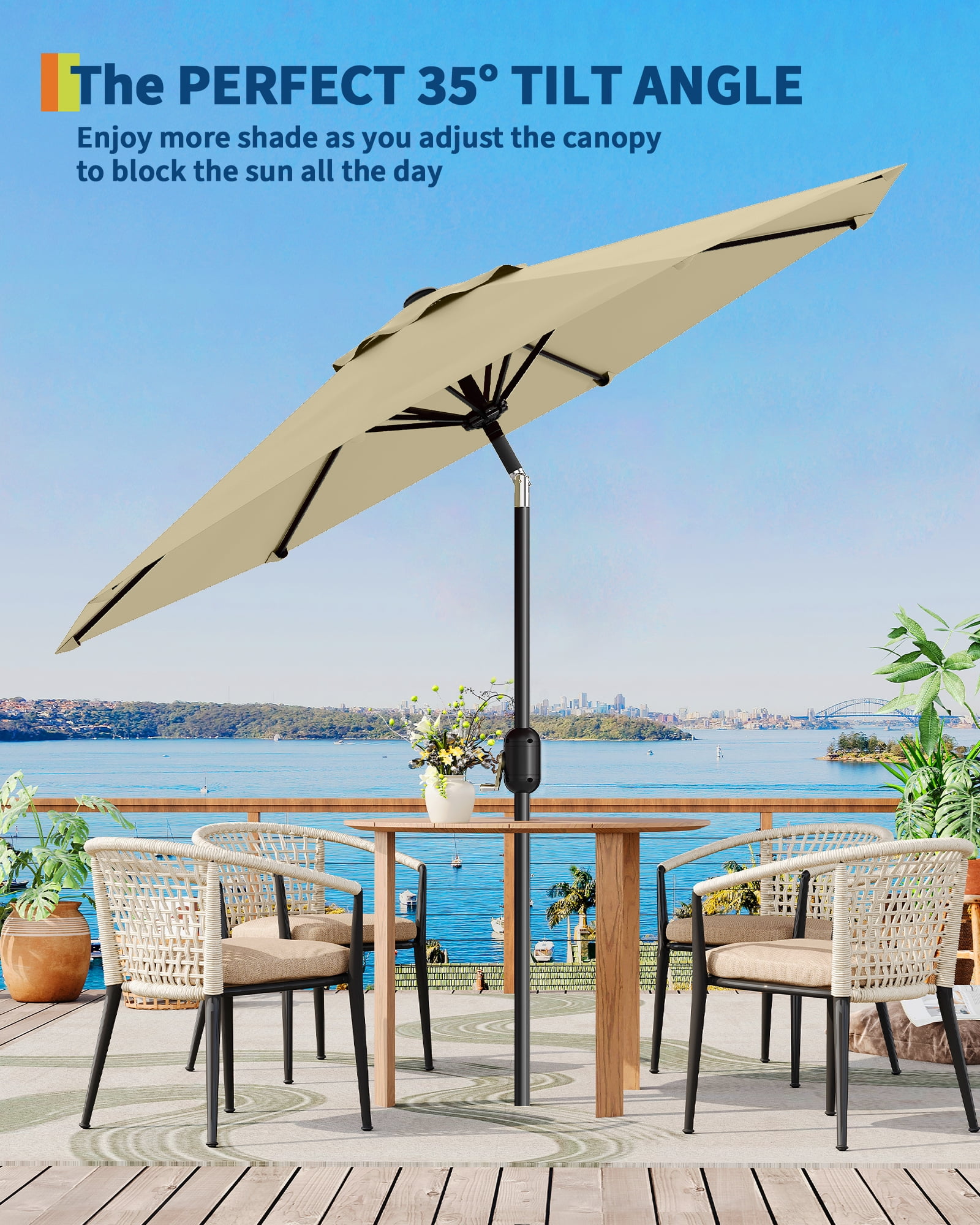 9FT Outdoor Patio Umbrella with Push Button Tilt and Crank, Market Umbrella 8 Sturdy Ribs UV Protection Waterproof Heavy-Duty Pool Umbrella for Deck, Backyard,Garden