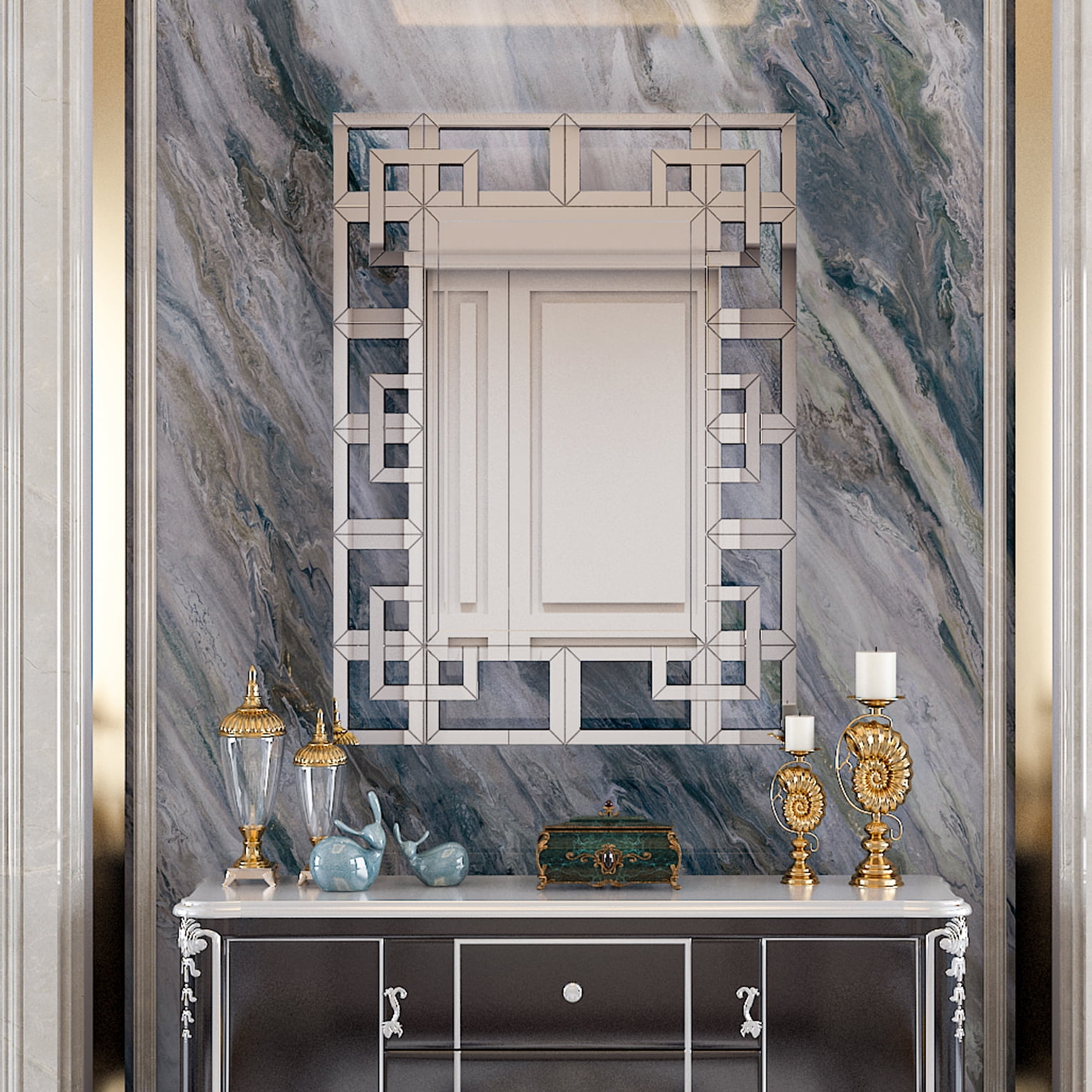 LUVODI Silver Beveled Decorative Wall Mirror for Living Room Bedroom Hallway Decor 39x28in Rectangle