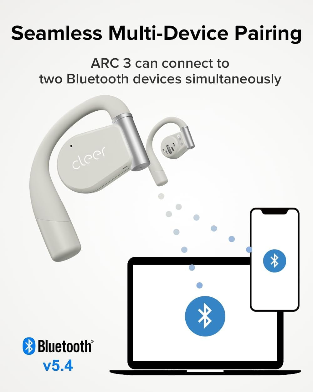 Cleer ARC3 Open Ear True Wireless Earbuds with Secure Earhooks, Water Resistant IPX7, Built-in Microphone, Grey