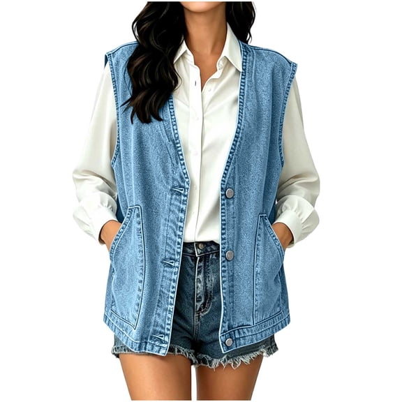 BXJX Womens Denim Vests, Fashion Button Front V Neck Sleeveless Jeans Waistcoat with Pockets Blue Size S-2XL