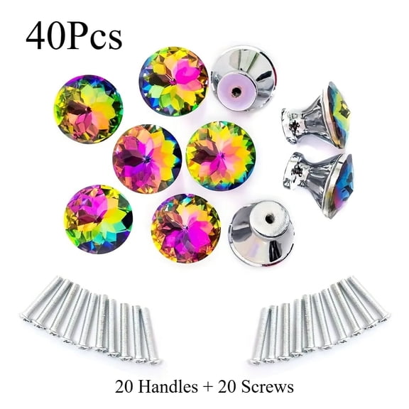 20pcs Colored Crystal Glass Drawer Knobs Set, Decorative Cabinet Und Dresser Knobs with Screws, Iridescent Crystal Cabinet Knobs for Cabinets Und Drawers, Glass Door Knobs for Home Décor (1.18in)