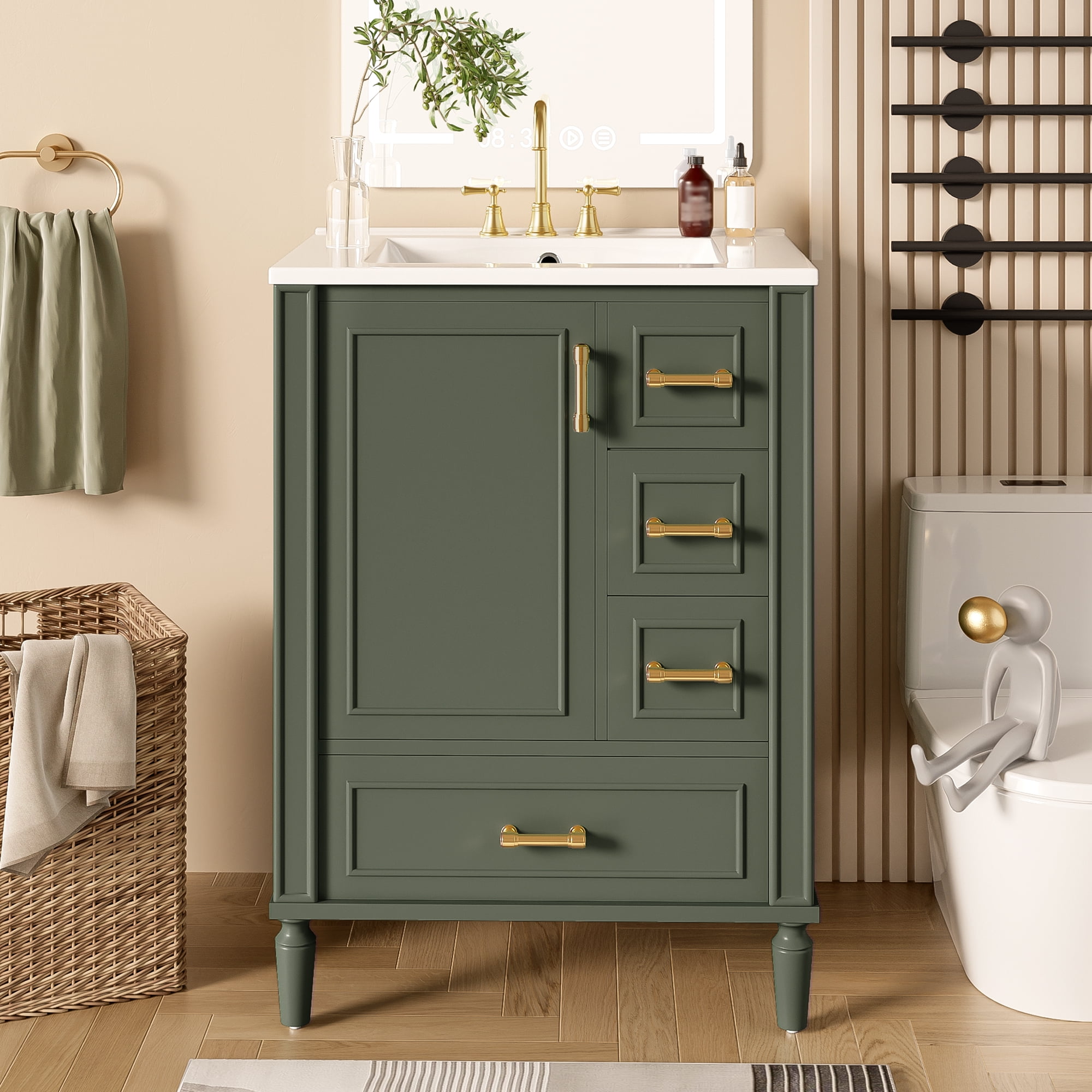 Harper & Bright Designs 24 inch Bathroom Vanity with Sink Combo, Free-Standing Single Storage Cabinet with 3 Drawers & Rack, MDF & Solid Wood Vanity with Ceramic Basin, Olive Green
