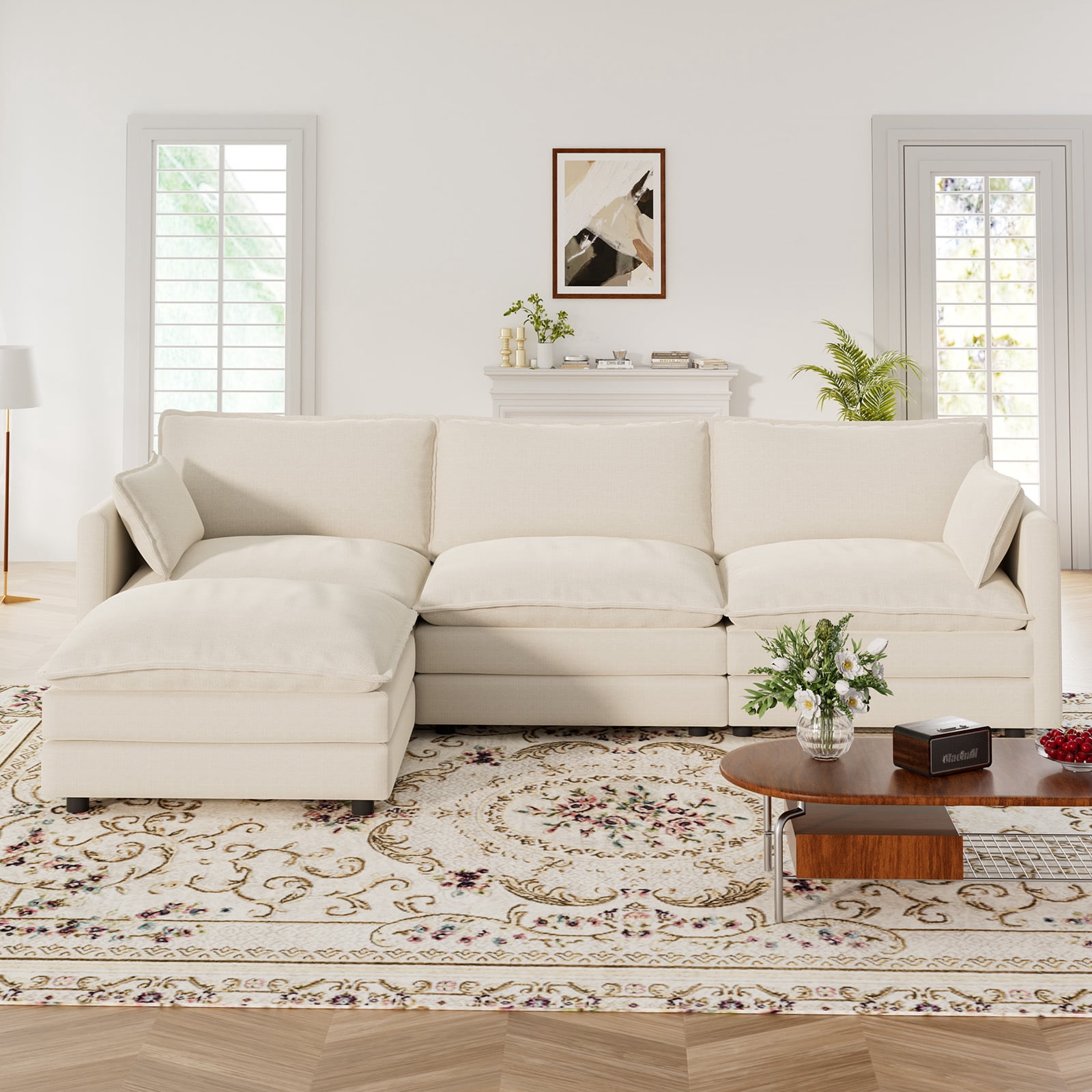 Muumblus Sectional Sofa Cloud Couch with Reversible Ottoman, L-Shaped Chenille Sofa for Living Rooms, Beige