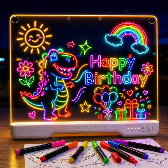 Vonieion 16 inch Rechargeable LED Drawing Board with 7 Markers & 10 Modes, Neon Art Dry Erase Light Up Drawing Pad with Built-in Stand, Sketching Gift Toy for Kids/Girls/Teens