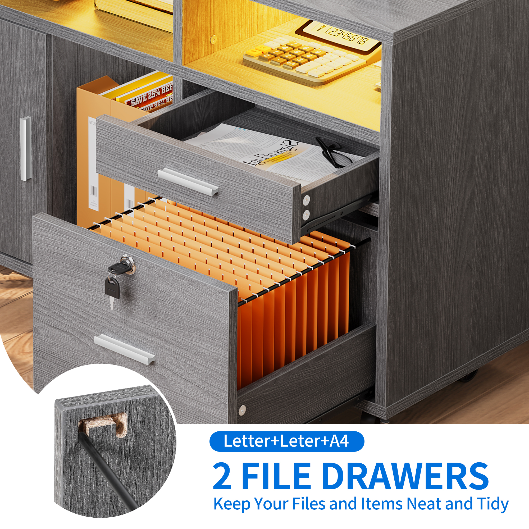 DEXTRUS Wood File Cabinet with LED Light and Lock, 2 Drawer Mobile Lateral Filing Cabinet with Open Storage Shelves & Charging Station, Gray