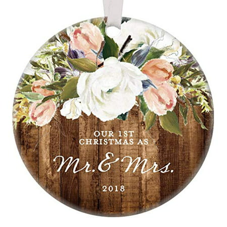 Rustic Newlyweds Christmas Ornament, 2019 First Christmas as Mr & Mrs Gift for Couple Wedding Day Farmhouse Floral Present 3