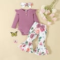 thumbnail image 2 of KAUOD Baby Girls Ribbed Knit Outfits 3 Piece Ruffle Long Sleeve Bodysuit Print Flared Pants Headband Spring Cute Set, 2 of 9